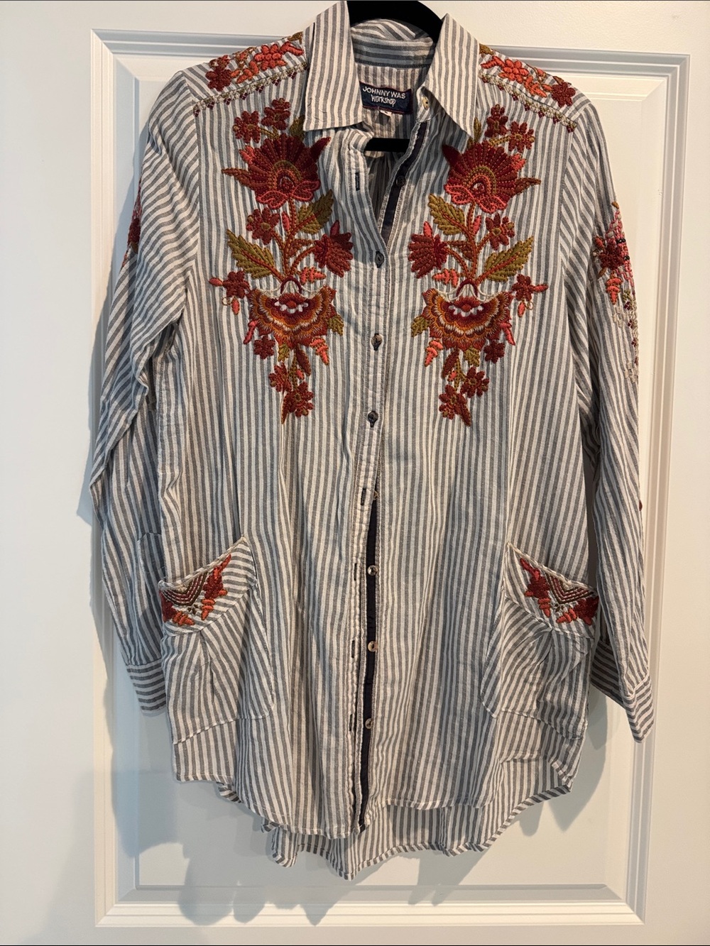 Johnny Was Striped Shirt with Red and Rust Floral Embroidery
